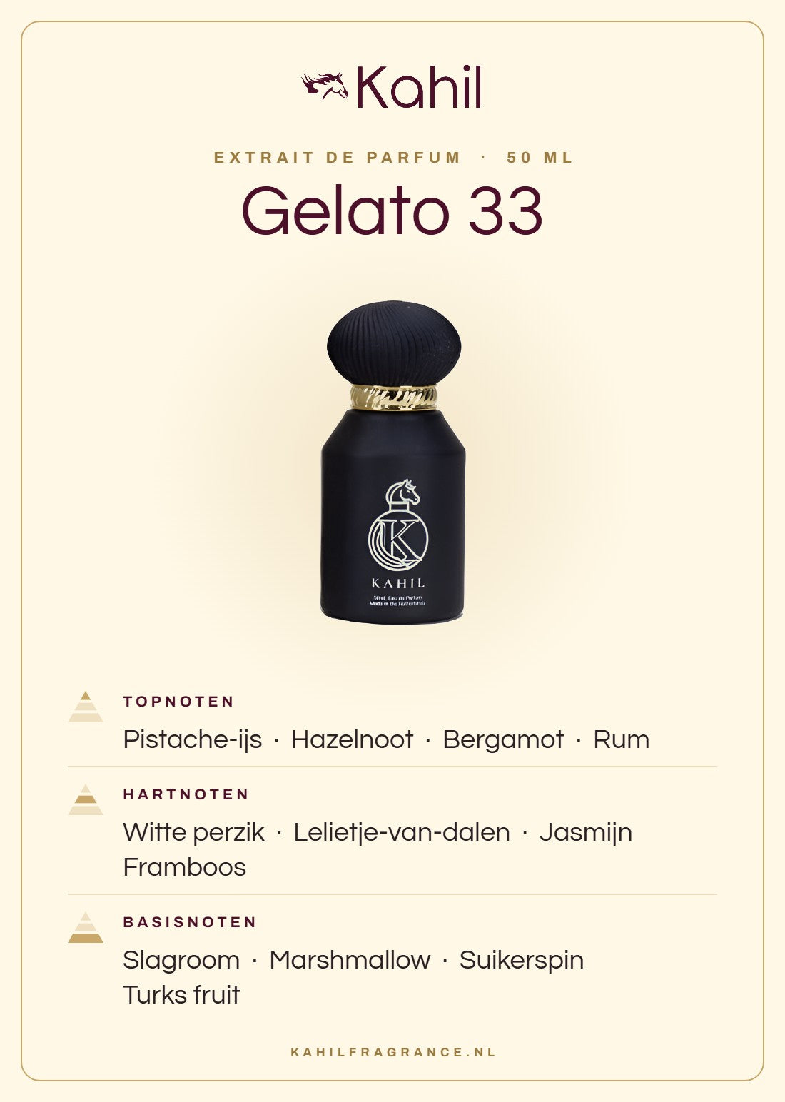 Duftnoten von Kahil Gelato 33 Extrait de Parfum 50 ml: Kopfnoten Pistazieneis, Haselnuss, Bergamotte, Rum; Herznoten Weißer Pfirsich, Maiglöckchen, Jasmin, Himbeere; Basisnoten Schlagsahne, Marshmallow, Zuckerwatte, Lokum