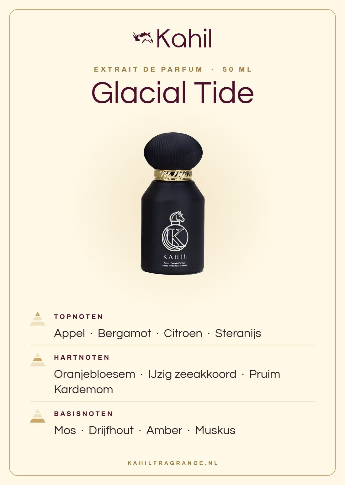 Duftnoten von Kahil Glacial Tide Extrait de Parfum 50 ml: Kopfnoten Apfel, Bergamotte, Zitrone, Sternanis; Herznoten Orangenblüte, Eisiger Meeresakkord, Pflaume, Kardamom; Basisnoten Moos, Treibholz, Amber, Moschus