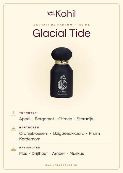 Duftnoten von Kahil Glacial Tide Extrait de Parfum 50 ml: Kopfnoten Apfel, Bergamotte, Zitrone, Sternanis; Herznoten Orangenblüte, Eisiger Meeresakkord, Pflaume, Kardamom; Basisnoten Moos, Treibholz, Amber, Moschus