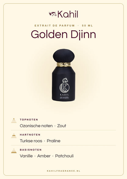 Fragrance notes of Kahil Golden Djinn Extrait de Parfum 50 ml: top notes ozonic notes, salt; heart notes Turkish rose, praline; base notes vanilla, amber, patchouli