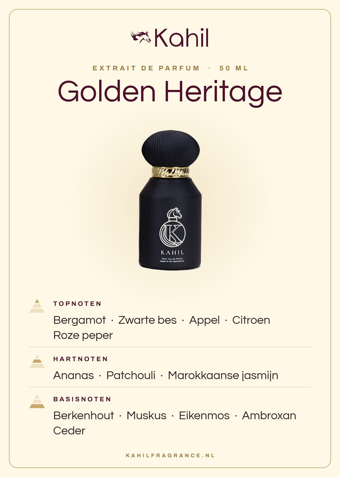 Duftnoten von Kahil Golden Heritage Extrait de Parfum 50 ml: Kopfnoten Bergamotte, Schwarze Johannisbeere, Apfel, Zitrone, Rosa Pfeffer; Herznoten Ananas, Patchouli, Marokkanischer Jasmin; Basisnoten Birkenholz, Moschus, Eichenmoos, Ambroxan, Zeder