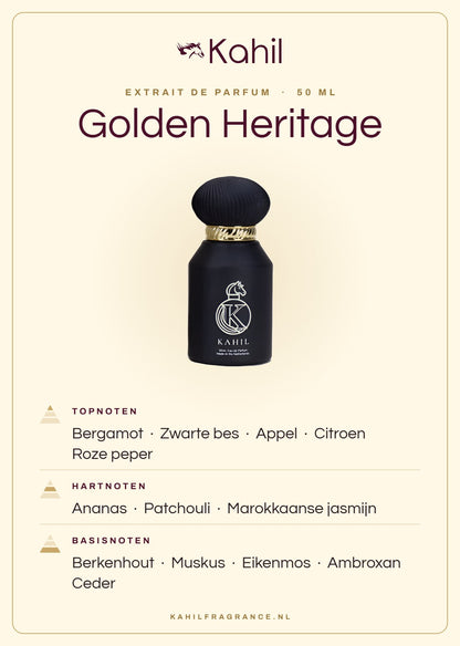 Duftnoten von Kahil Golden Heritage Extrait de Parfum 50 ml: Kopfnoten Bergamotte, Schwarze Johannisbeere, Apfel, Zitrone, Rosa Pfeffer; Herznoten Ananas, Patchouli, Marokkanischer Jasmin; Basisnoten Birkenholz, Moschus, Eichenmoos, Ambroxan, Zeder