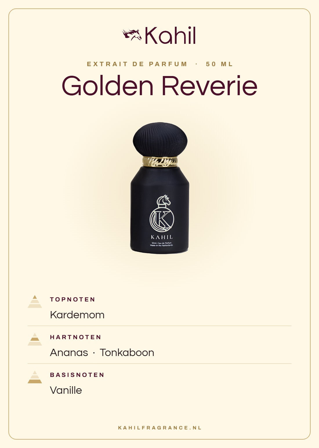Duftnoten von Kahil Golden Reverie Extrait de Parfum 50 ml: Kopfnoten Kardamom; Herznoten Ananas, Tonkabohne; Basisnoten Vanille