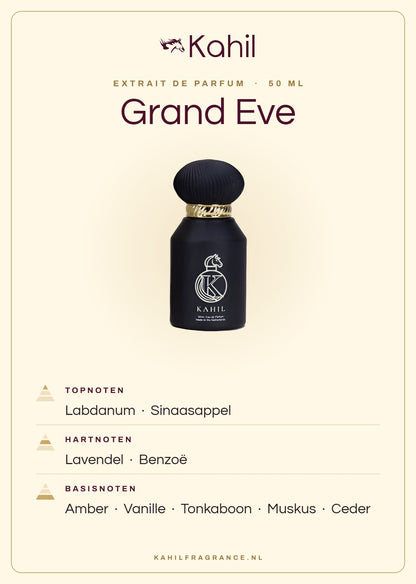 Fragrance notes of Kahil Grand Eve Extrait de Parfum 50 ml: top notes labdanum, orange; heart notes lavender, benzoin; base notes amber, vanilla, tonka bean, musk, cedar