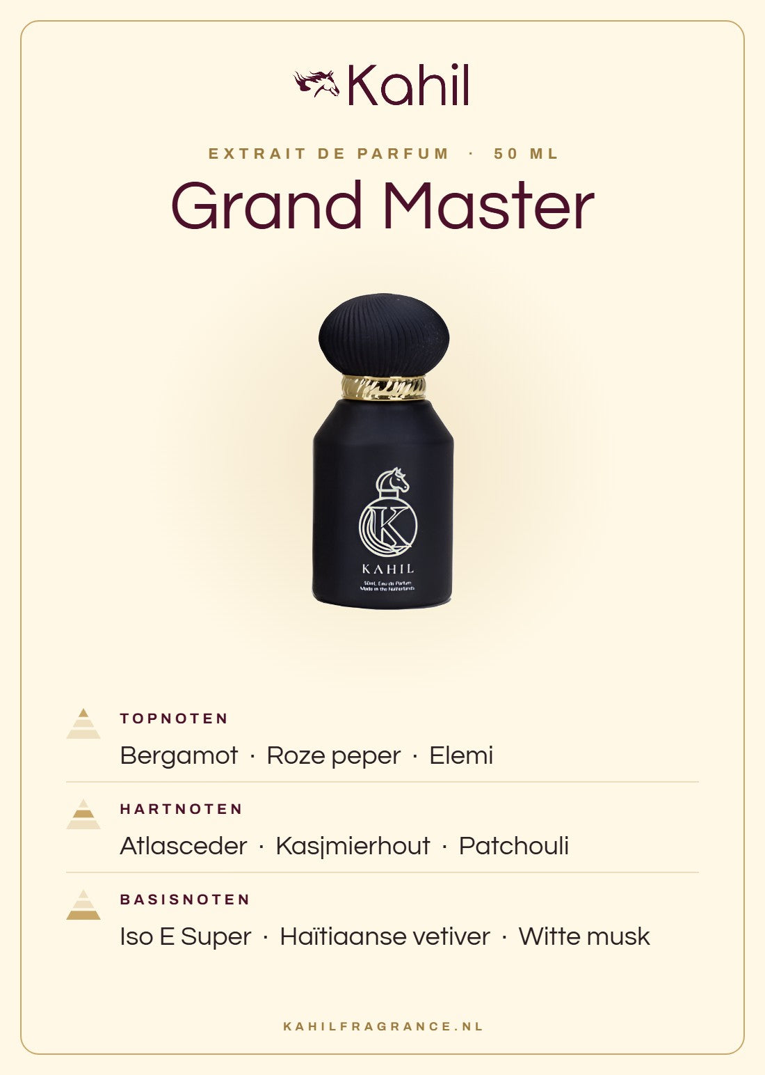Duftnoten von Kahil Grand Master Extrait de Parfum 50 ml: Kopfnoten Bergamotte, Rosa Pfeffer, Elemi; Herznoten Atlaszeder, Kaschmirholz, Patchouli; Basisnoten Iso E Super, Haitianisches Vetiver, Weißer Moschus