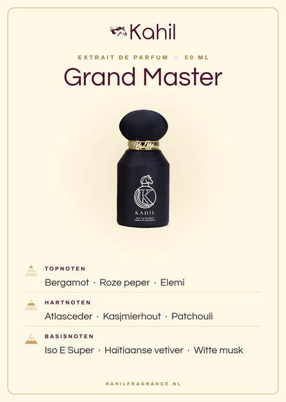 Duftnoten von Kahil Grand Master Extrait de Parfum 50 ml: Kopfnoten Bergamotte, Rosa Pfeffer, Elemi; Herznoten Atlaszeder, Kaschmirholz, Patchouli; Basisnoten Iso E Super, Haitianisches Vetiver, Weißer Moschus