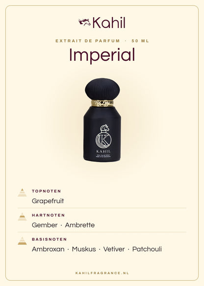 Fragrance notes of Kahil Imperial Extrait de Parfum 50 ml: top notes grapefruit; heart notes ginger, ambrette; base notes ambroxan, musk, vetiver, patchouli