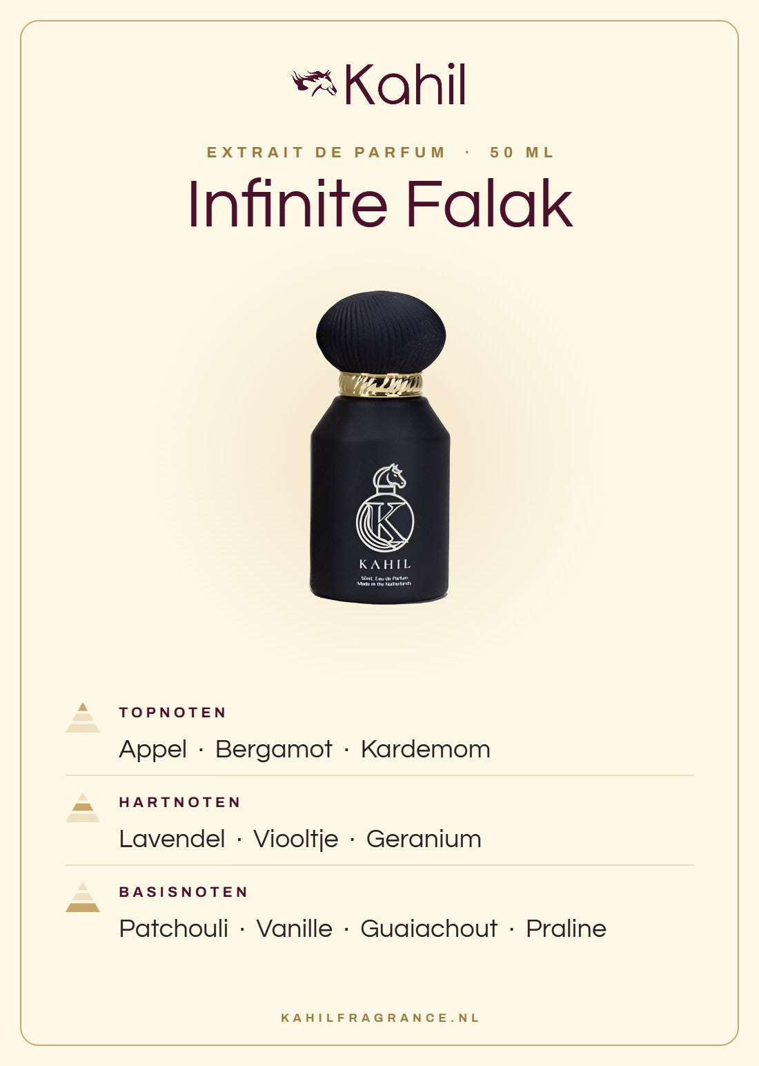 Duftnoten von Kahil Infinite Falak Extrait de Parfum 50 ml: Kopfnoten Apfel, Bergamotte, Kardamom; Herznoten Lavendel, Veilchen, Geranie; Basisnoten Patchouli, Vanille, Guajakholz, Praliné