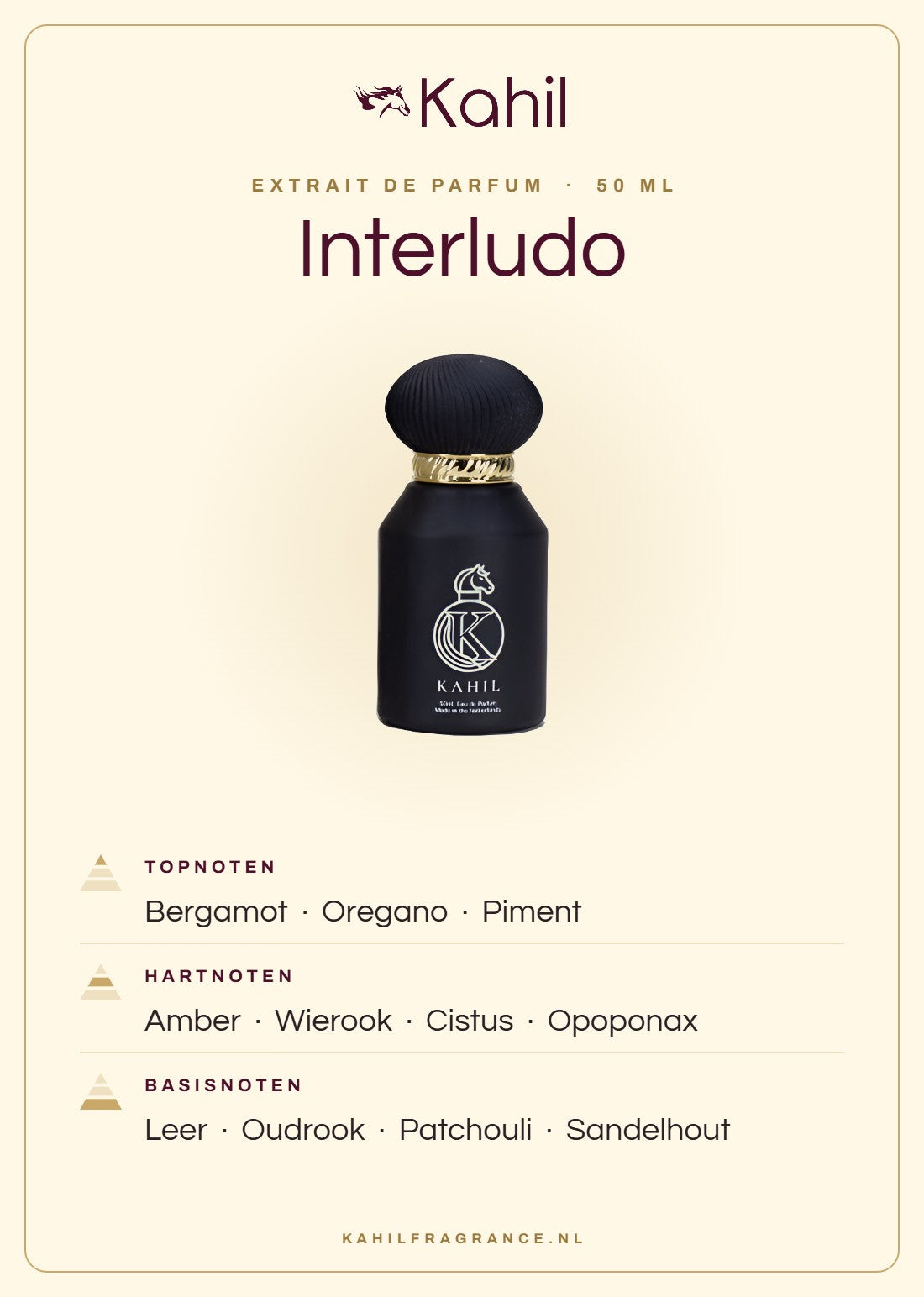 Geurnoten van Kahil Interludo Extrait de Parfum 50 ml: topnoten bergamot, oregano, piment; hartnoten amber, wierook, cistus, opoponax; basisnoten leer, oudrook, patchouli, sandelhout