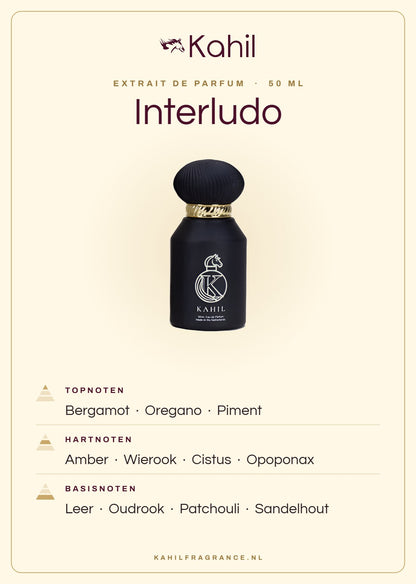 Geurnoten van Kahil Interludo Extrait de Parfum 50 ml: topnoten bergamot, oregano, piment; hartnoten amber, wierook, cistus, opoponax; basisnoten leer, oudrook, patchouli, sandelhout