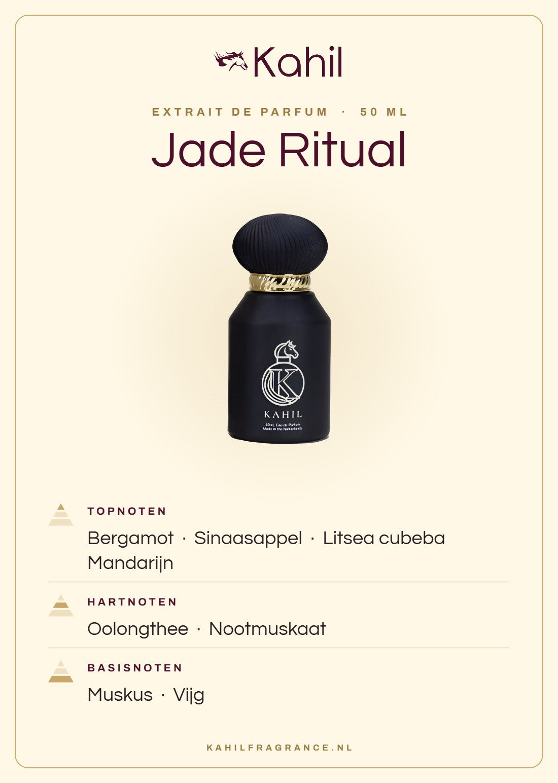 Duftnoten von Kahil Jade Ritual Extrait de Parfum 50 ml: Kopfnoten Bergamotte, Orange, Litsea cubeba, Mandarine; Herznoten Oolong-Tee, Muskatnuss; Basisnoten Moschus, Feige