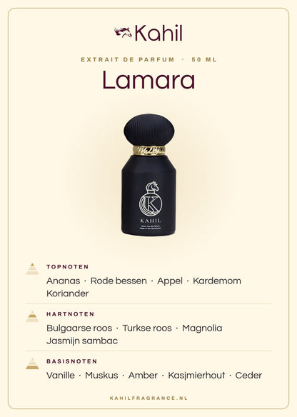 Duftnoten von Kahil Lamara Extrait de Parfum 50 ml: Kopfnoten Ananas, Rote Beeren, Apfel, Kardamom, Koriander; Herznoten Bulgarische Rose, Türkische Rose, Magnolie, Sambac-Jasmin; Basisnoten Vanille, Moschus, Amber, Kaschmirholz, Zeder