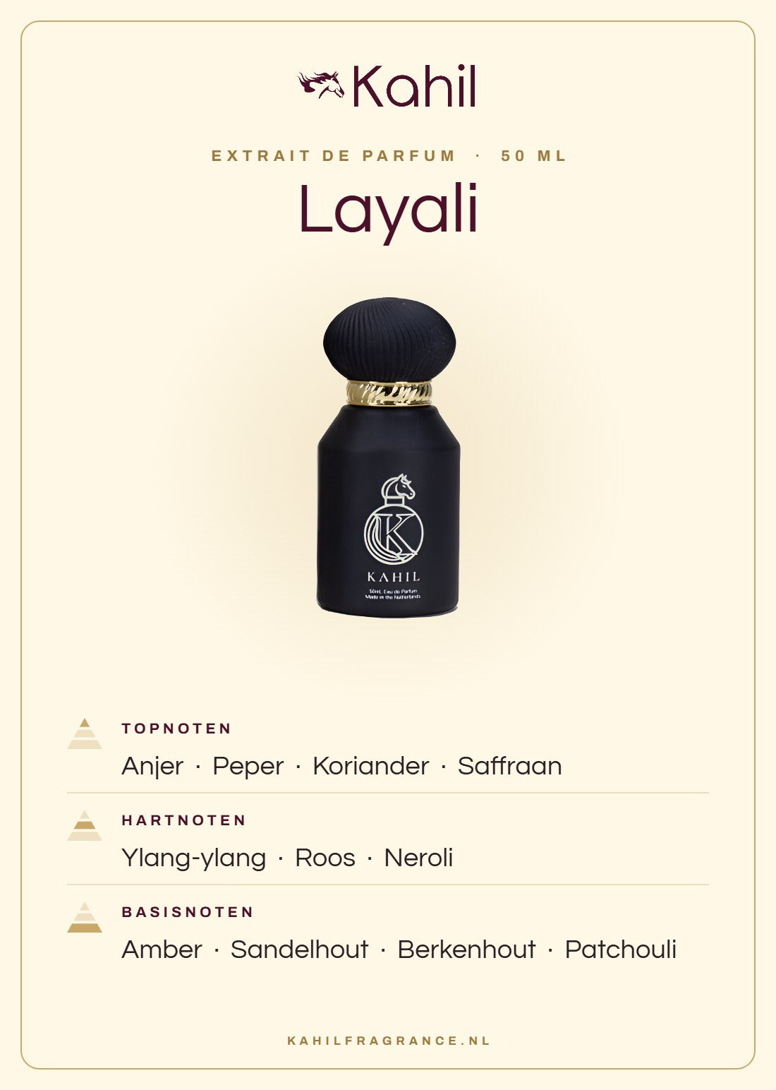 Geurnoten van Kahil Layali Extrait de Parfum 50 ml: topnoten anjer, peper, koriander, saffraan; hartnoten ylang-ylang, roos, neroli; basisnoten amber, sandelhout, berkenhout, patchouli