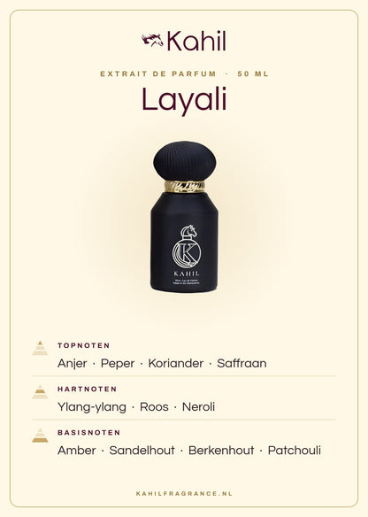 Geurnoten van Kahil Layali Extrait de Parfum 50 ml: topnoten anjer, peper, koriander, saffraan; hartnoten ylang-ylang, roos, neroli; basisnoten amber, sandelhout, berkenhout, patchouli