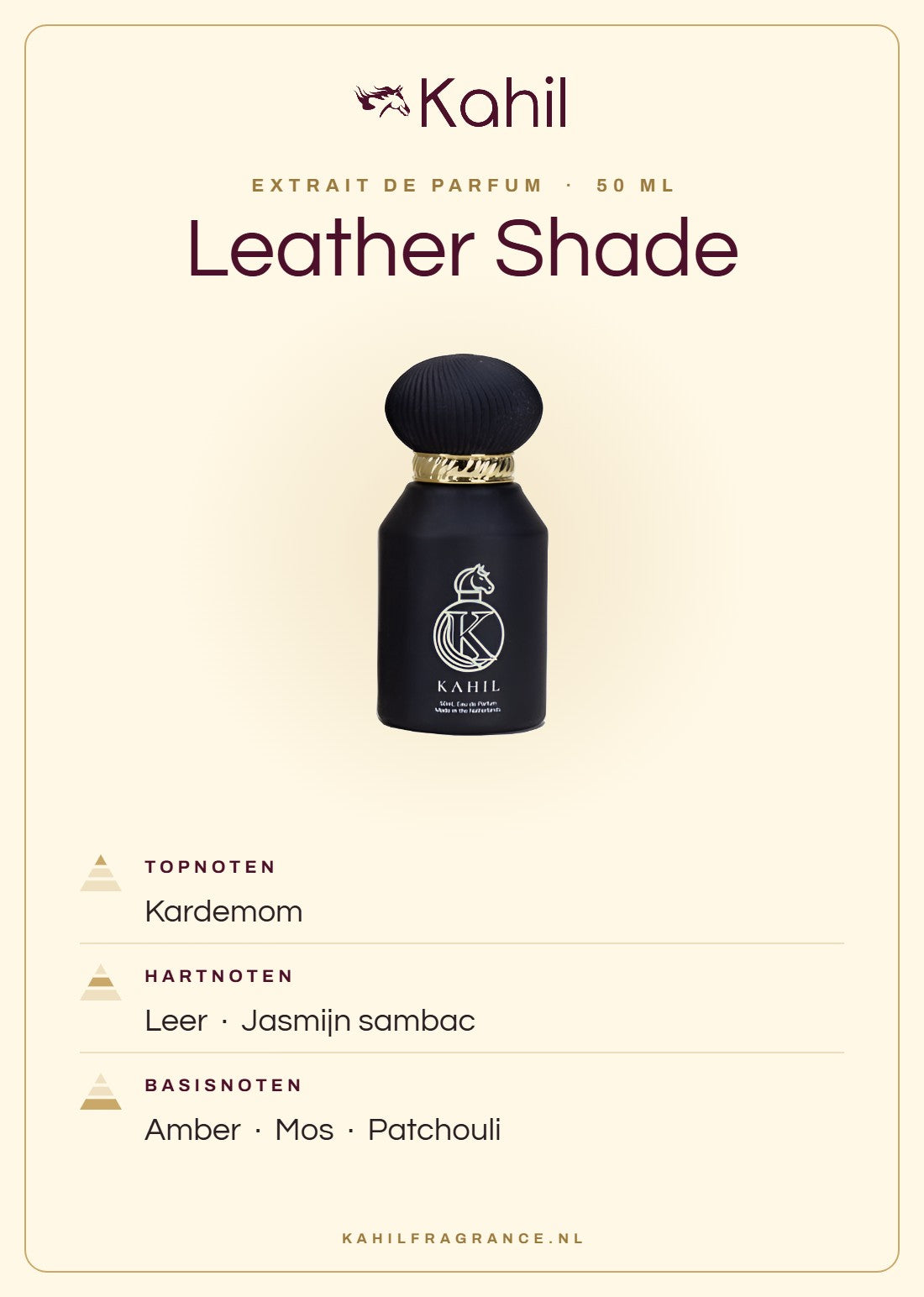Duftnoten von Kahil Leather Shade Extrait de Parfum 50 ml: Kopfnoten Kardamom; Herznoten Leder, Sambac-Jasmin; Basisnoten Amber, Moos, Patchouli