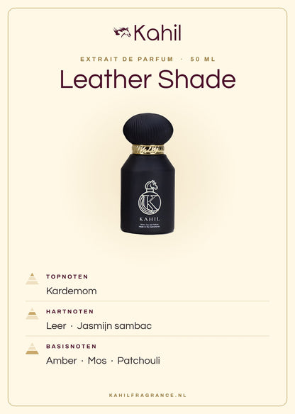 Duftnoten von Kahil Leather Shade Extrait de Parfum 50 ml: Kopfnoten Kardamom; Herznoten Leder, Sambac-Jasmin; Basisnoten Amber, Moos, Patchouli