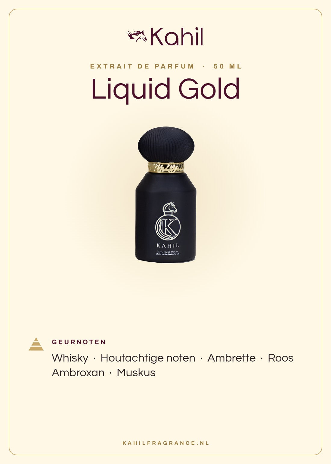 Geurnoten van Kahil Liquid Gold Extrait de Parfum 50 ml: whisky, houtachtige noten, ambrette, roos, ambroxan, muskus