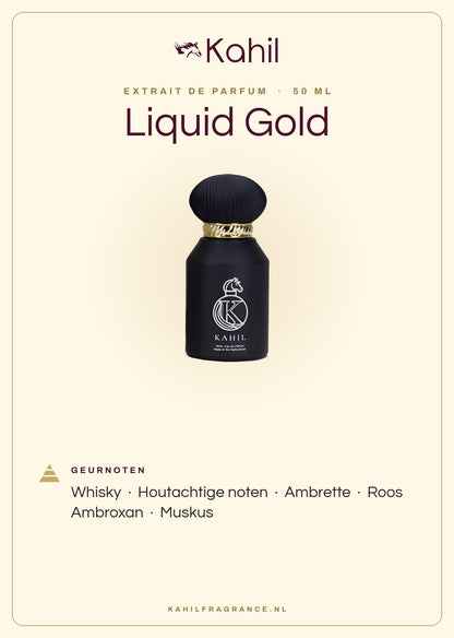 Geurnoten van Kahil Liquid Gold Extrait de Parfum 50 ml: whisky, houtachtige noten, ambrette, roos, ambroxan, muskus
