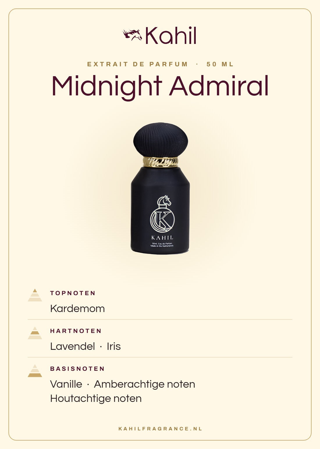 Duftnoten von Kahil Midnight Admiral Extrait de Parfum 50 ml: Kopfnoten Kardamom; Herznoten Lavendel, Iris; Basisnoten Vanille, Ambernoten, Holzige Noten