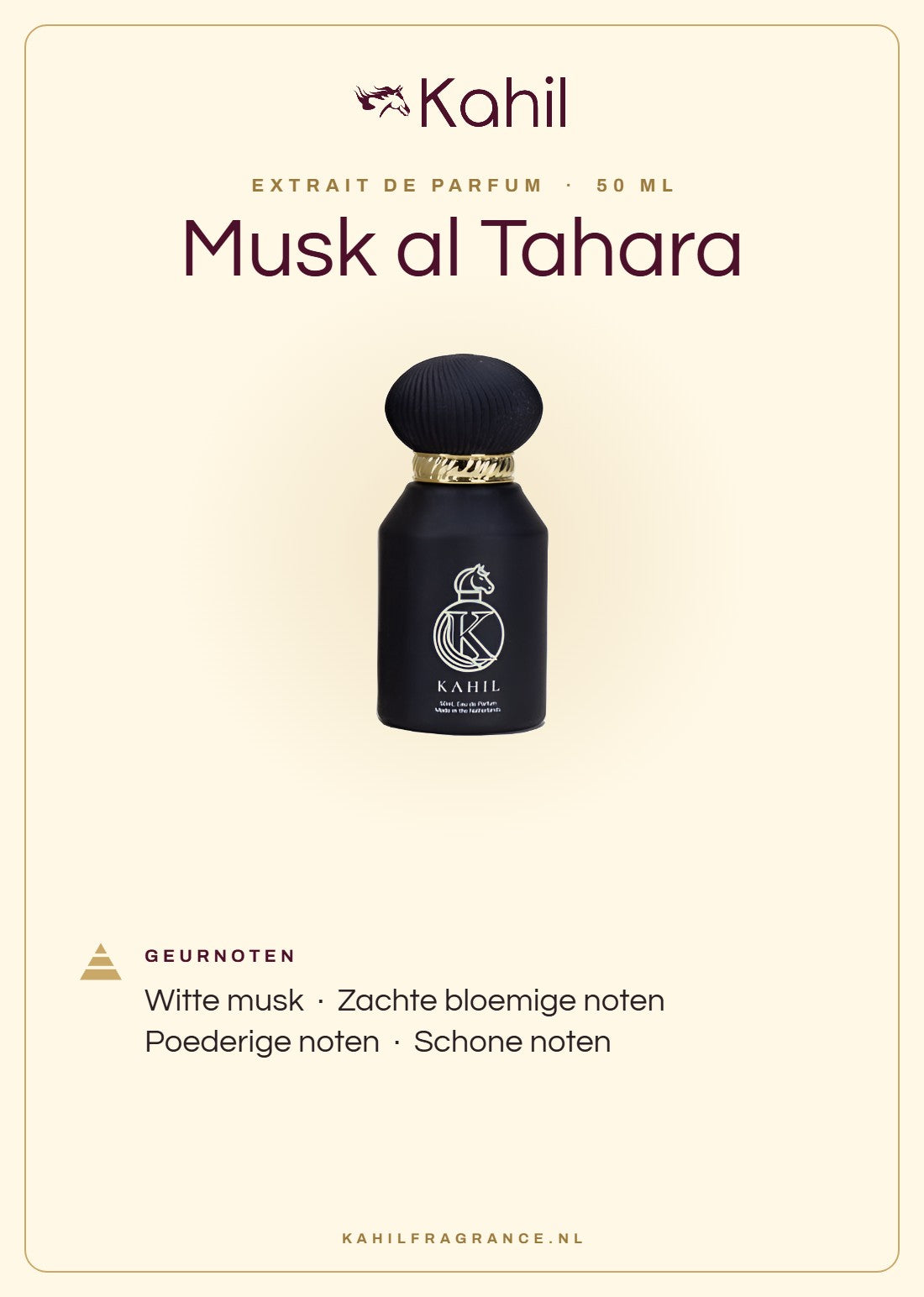 Fragrance notes of Kahil Musk al Tahara Extrait de Parfum 50 ml: white musk, soft floral notes, powdery notes, clean notes