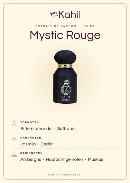 Duftnoten von Kahil Mystic Rouge Extrait de Parfum 50 ml: Kopfnoten Bittermandel, Safran; Herznoten Jasmin, Zeder; Basisnoten Ambra, Holzige Noten, Moschus