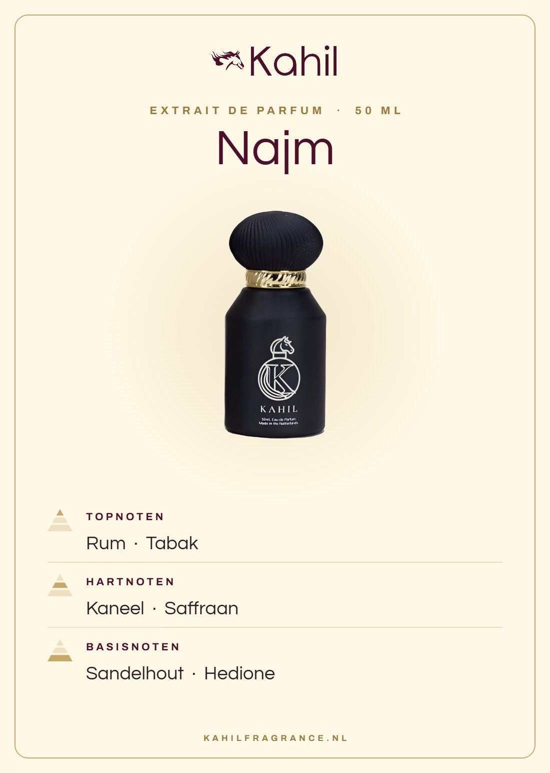 Duftnoten von Kahil Najm Extrait de Parfum 50 ml: Kopfnoten Rum, Tabak; Herznoten Zimt, Safran; Basisnoten Sandelholz, Hedion