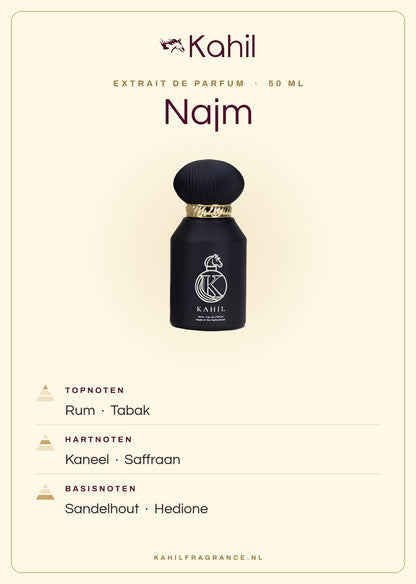 Duftnoten von Kahil Najm Extrait de Parfum 50 ml: Kopfnoten Rum, Tabak; Herznoten Zimt, Safran; Basisnoten Sandelholz, Hedion