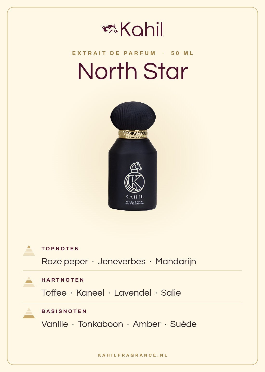 Fragrance notes of Kahil North Star Extrait de Parfum 50 ml: top notes pink pepper, juniper, mandarin; heart notes toffee, cinnamon, lavender, sage; base notes vanilla, tonka bean, amber, suede