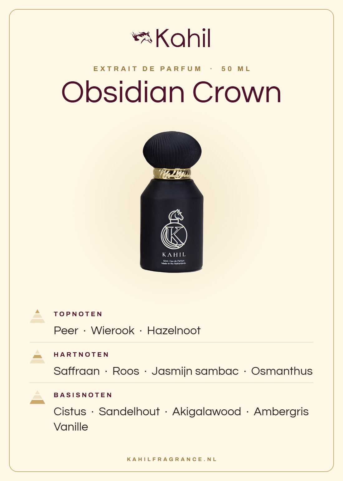 Duftnoten von Kahil Obsidian Crown Extrait de Parfum 50 ml: Kopfnoten Birne, Weihrauch, Haselnuss; Herznoten Safran, Rose, Sambac-Jasmin, Osmanthus; Basisnoten Zistrose, Sandelholz, Akigalawood, Ambra, Vanille