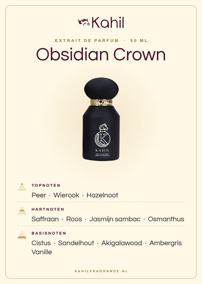 Duftnoten von Kahil Obsidian Crown Extrait de Parfum 50 ml: Kopfnoten Birne, Weihrauch, Haselnuss; Herznoten Safran, Rose, Sambac-Jasmin, Osmanthus; Basisnoten Zistrose, Sandelholz, Akigalawood, Ambra, Vanille