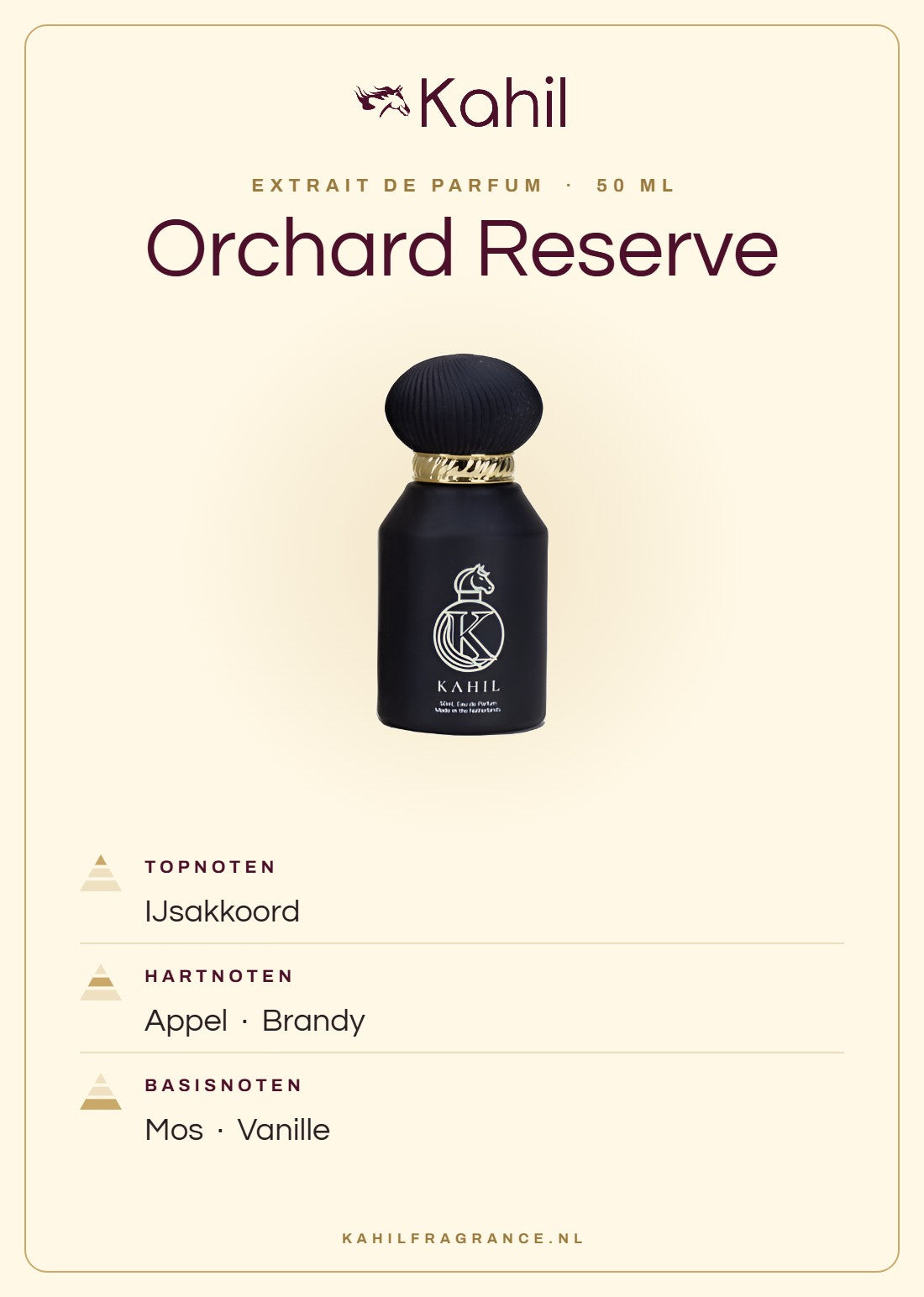 Duftnoten von Kahil Orchard Reserve Extrait de Parfum 50 ml: Kopfnoten Eis-Akkord; Herznoten Apfel, Brandy; Basisnoten Moos, Vanille