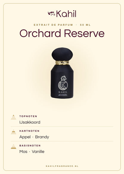 Duftnoten von Kahil Orchard Reserve Extrait de Parfum 50 ml: Kopfnoten Eis-Akkord; Herznoten Apfel, Brandy; Basisnoten Moos, Vanille