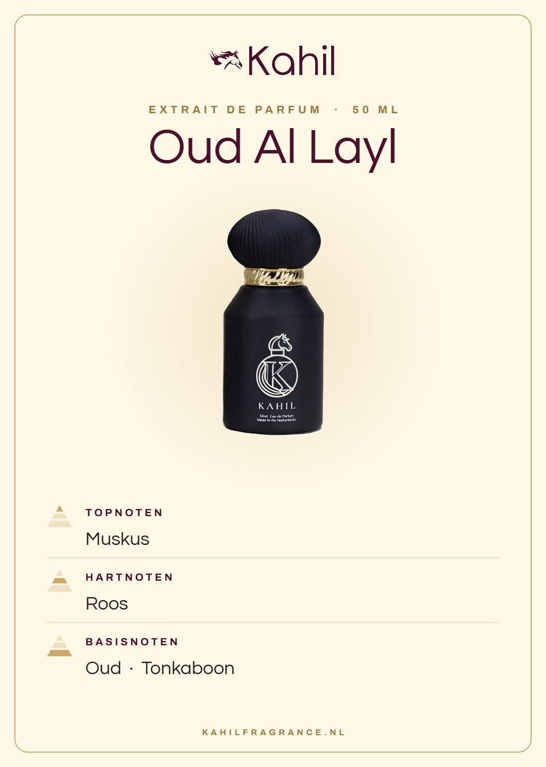 Duftnoten von Kahil Oud Al Layl Extrait de Parfum 50 ml: Kopfnoten Moschus; Herznoten Rose; Basisnoten Oud, Tonkabohne