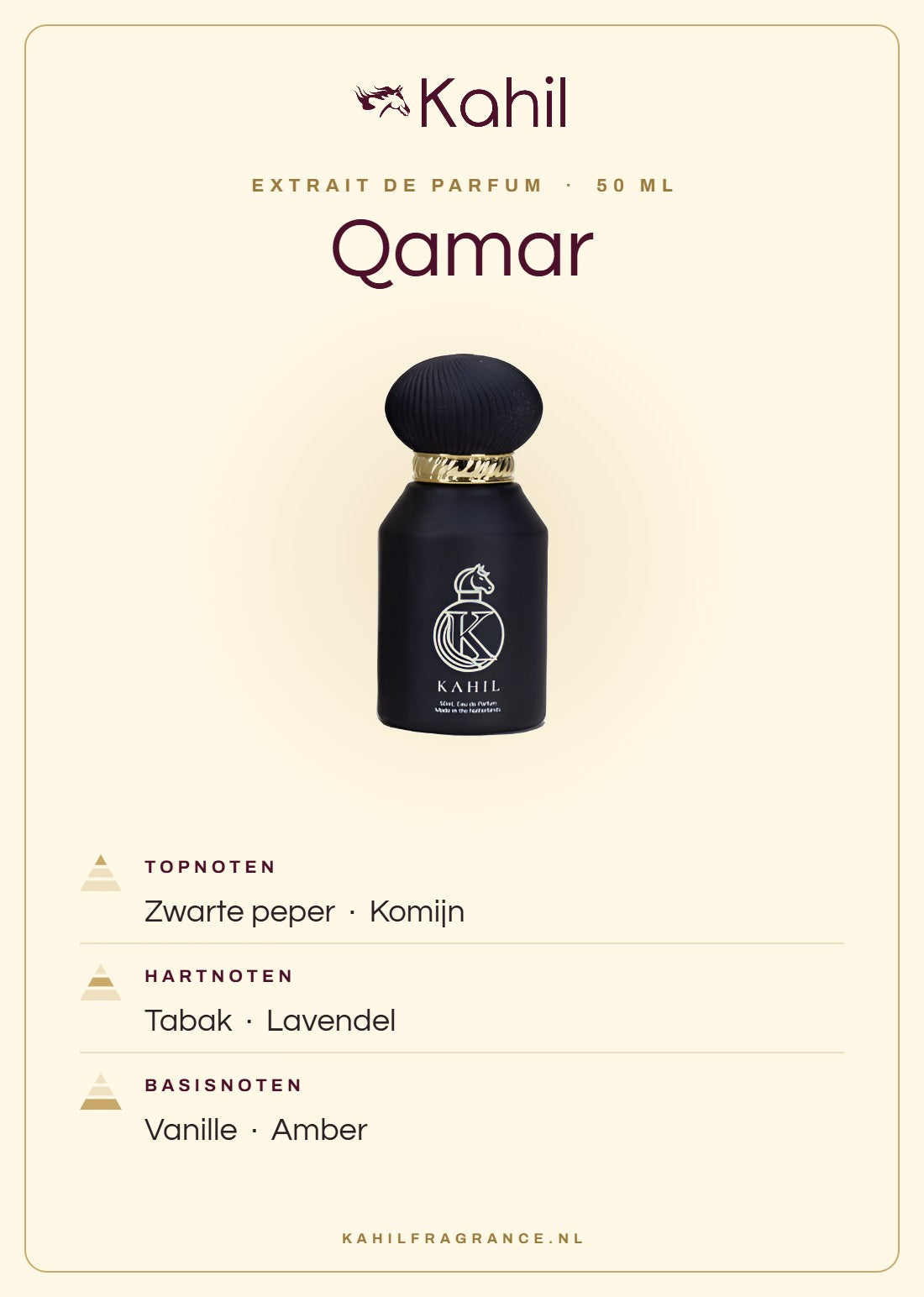 Duftnoten von Kahil Qamar Extrait de Parfum 50 ml: Kopfnoten Schwarzer Pfeffer, Kreuzkümmel; Herznoten Tabak, Lavendel; Basisnoten Vanille, Amber