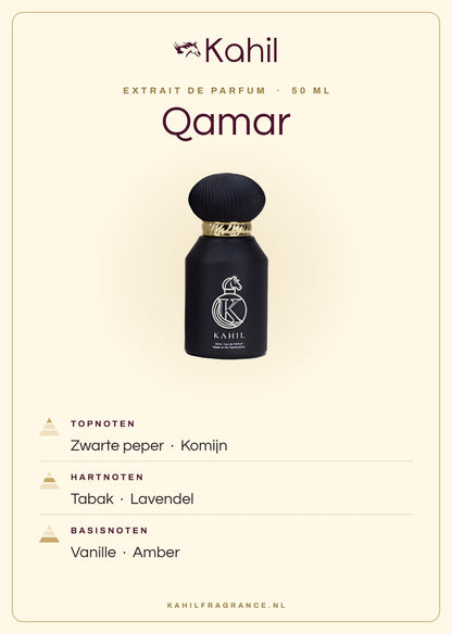 Duftnoten von Kahil Qamar Extrait de Parfum 50 ml: Kopfnoten Schwarzer Pfeffer, Kreuzkümmel; Herznoten Tabak, Lavendel; Basisnoten Vanille, Amber