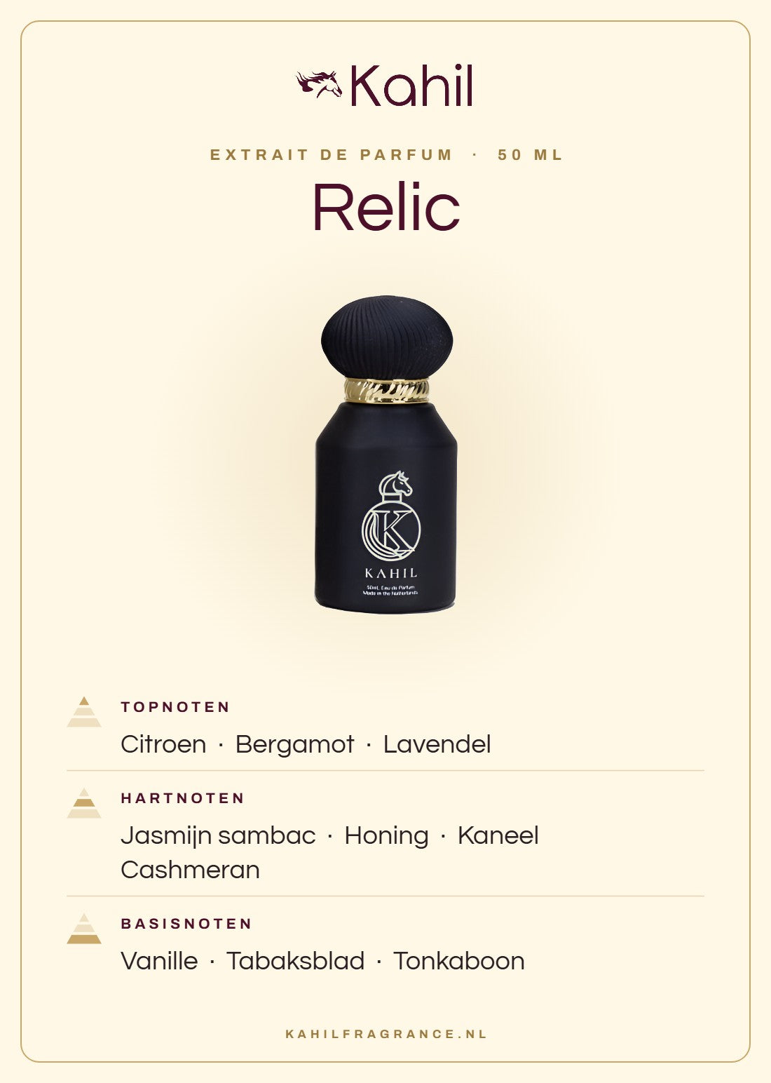 Geurnoten van Kahil Relic Extrait de Parfum 50 ml: topnoten citroen, bergamot, lavendel; hartnoten jasmijn sambac, honing, kaneel, cashmeran; basisnoten vanille, tabaksblad, tonkaboon