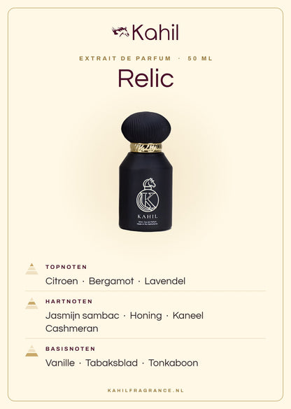 Geurnoten van Kahil Relic Extrait de Parfum 50 ml: topnoten citroen, bergamot, lavendel; hartnoten jasmijn sambac, honing, kaneel, cashmeran; basisnoten vanille, tabaksblad, tonkaboon