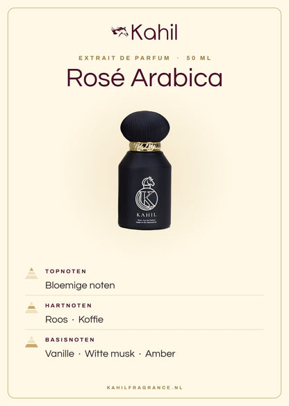 Fragrance notes of Kahil Rosé Arabica Extrait de Parfum 50 ml: top notes floral notes; heart notes rose, coffee; base notes vanilla, white musk, amber