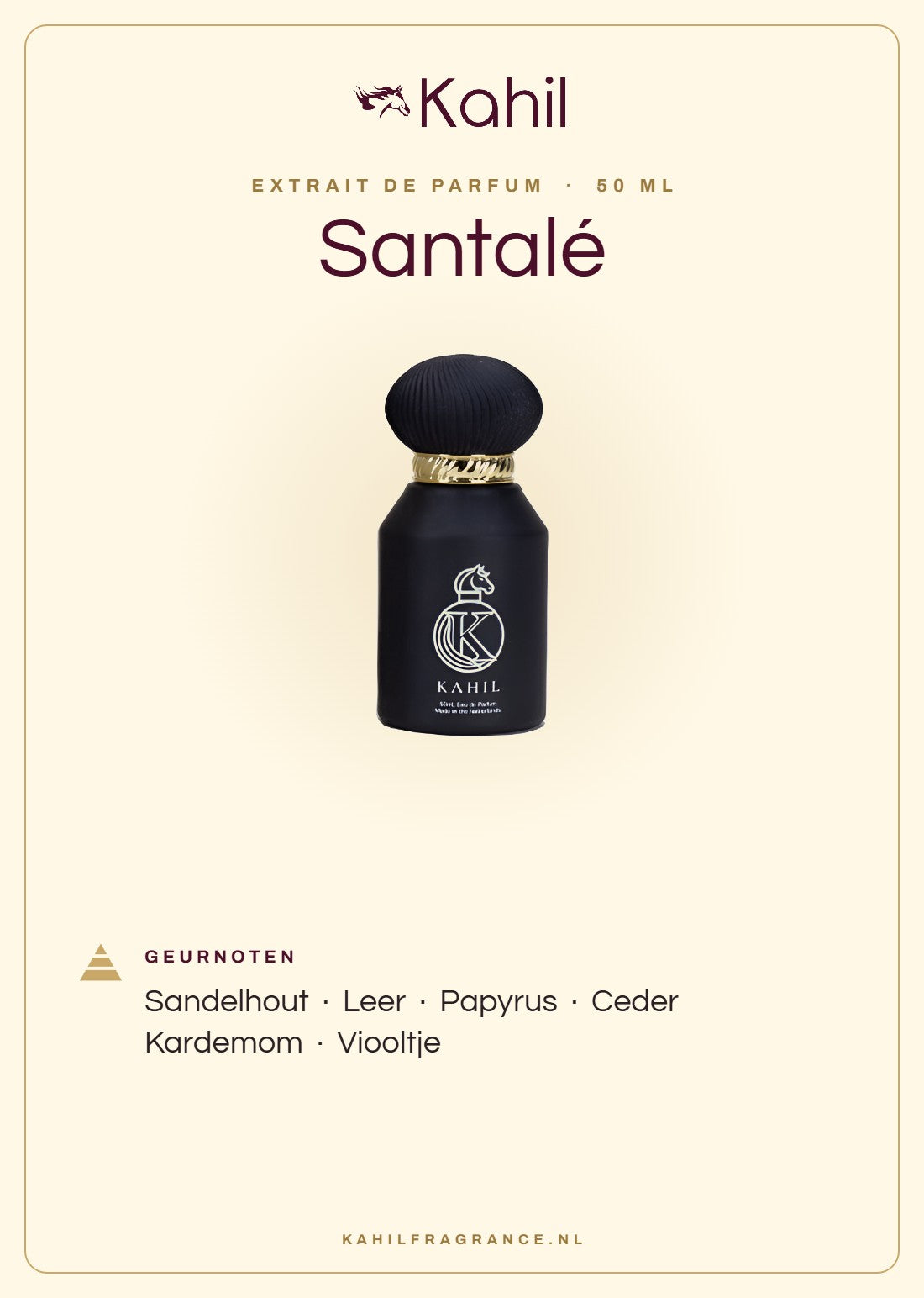 Fragrance notes of Kahil Santalé Extrait de Parfum 50 ml: sandalwood, leather, papyrus, cedar, cardamom, violet
