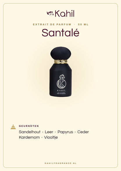 Fragrance notes of Kahil Santalé Extrait de Parfum 50 ml: sandalwood, leather, papyrus, cedar, cardamom, violet