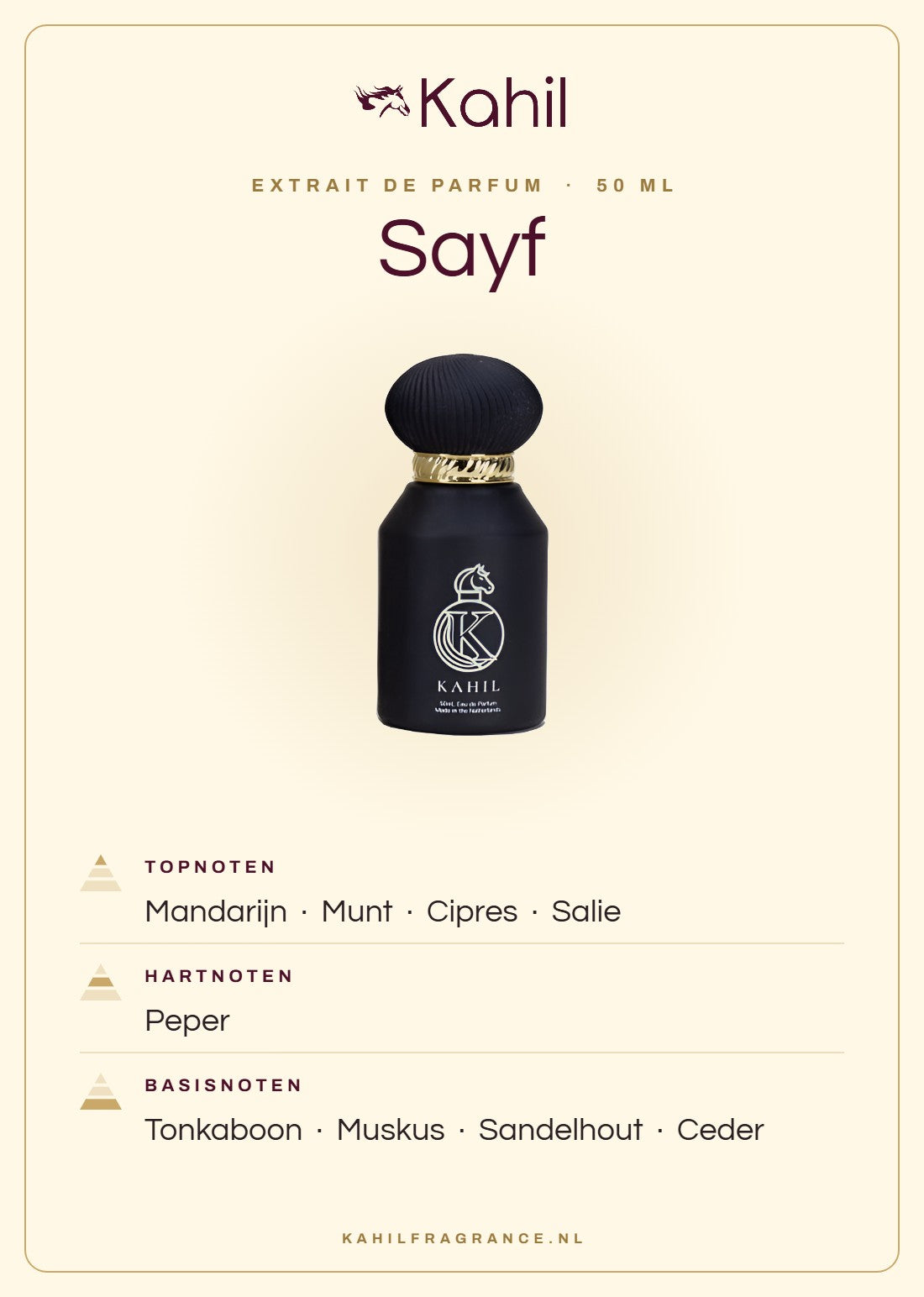 Fragrance notes of Kahil Sayf Extrait de Parfum 50 ml: top notes mandarin, mint, cypress, sage; heart notes pepper; base notes tonka bean, musk, sandalwood, cedar