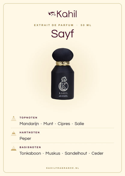 Fragrance notes of Kahil Sayf Extrait de Parfum 50 ml: top notes mandarin, mint, cypress, sage; heart notes pepper; base notes tonka bean, musk, sandalwood, cedar