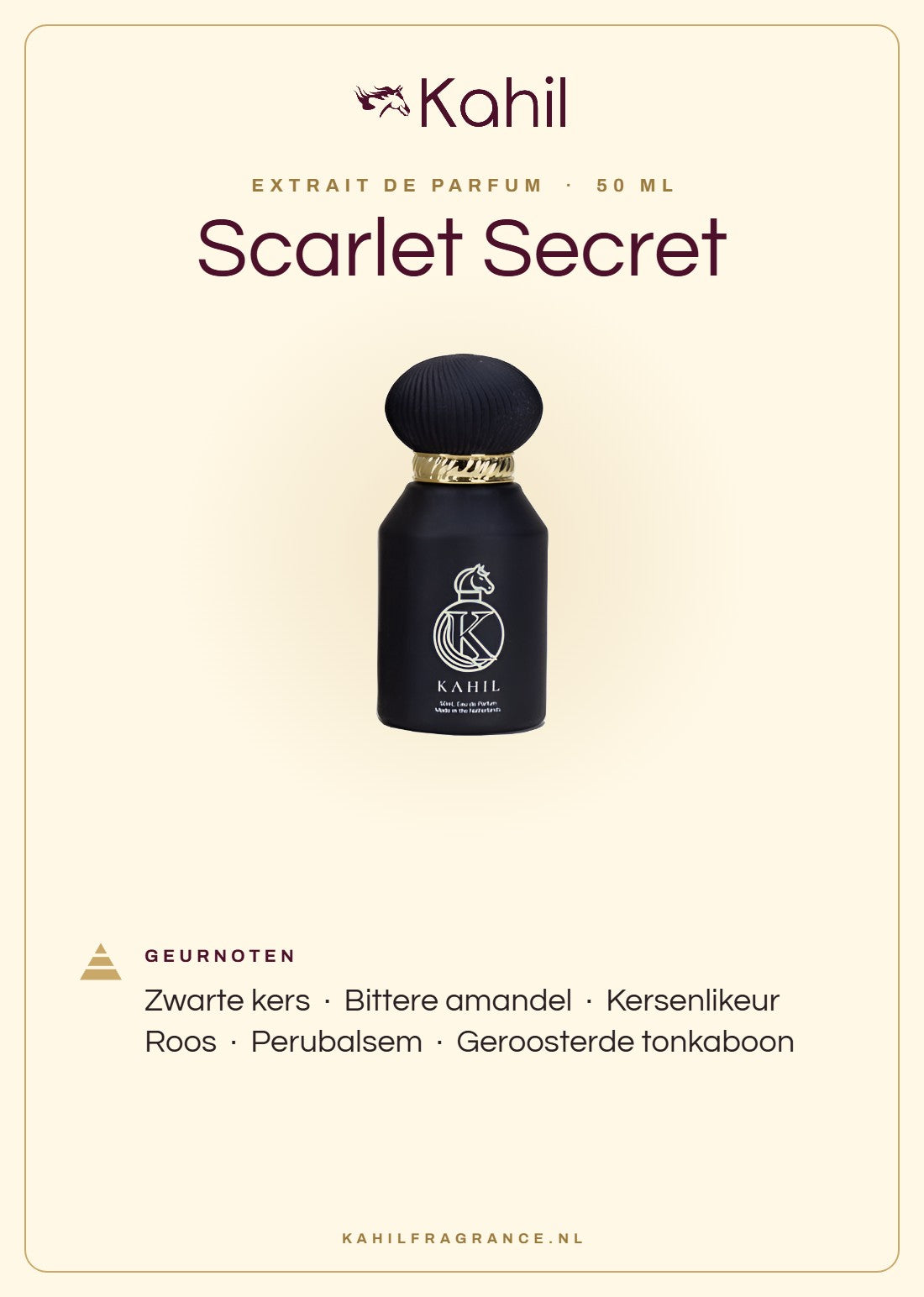 Geurnoten van Kahil Scarlet Secret Extrait de Parfum 50 ml: zwarte kers, bittere amandel, kersenlikeur, roos, perubalsem, geroosterde tonkaboon