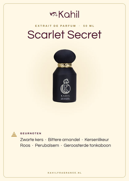 Geurnoten van Kahil Scarlet Secret Extrait de Parfum 50 ml: zwarte kers, bittere amandel, kersenlikeur, roos, perubalsem, geroosterde tonkaboon