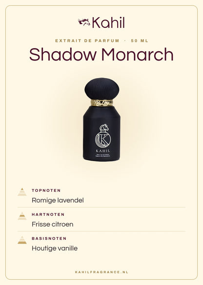 Fragrance notes of Kahil Shadow Monarch Extrait de Parfum 50 ml: top notes creamy lavender; heart notes zesty lemon; base notes woody vanilla