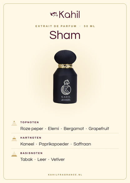 Duftnoten von Kahil Sham Extrait de Parfum 50 ml: Kopfnoten Rosa Pfeffer, Elemi, Bergamotte, Grapefruit; Herznoten Zimt, Paprika, Safran; Basisnoten Tabak, Leder, Vetiver