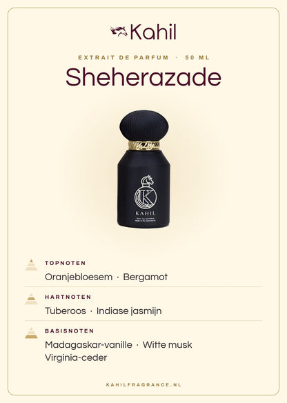 Duftnoten von Kahil Sheherazade Extrait de Parfum 50 ml: Kopfnoten Orangenblüte, Bergamotte; Herznoten Tuberose, Indischer Jasmin; Basisnoten Madagaskar-Vanille, Weißer Moschus, Virginia-Zeder