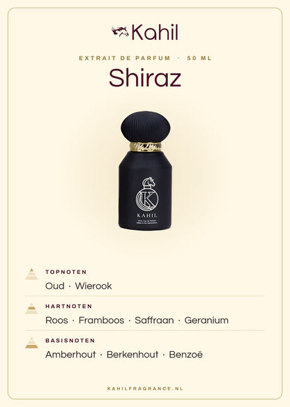 Duftnoten von Kahil Shiraz Extrait de Parfum 50 ml: Kopfnoten Oud, Weihrauch; Herznoten Rose, Himbeere, Safran, Geranie; Basisnoten Amberholz, Birkenholz, Benzoe