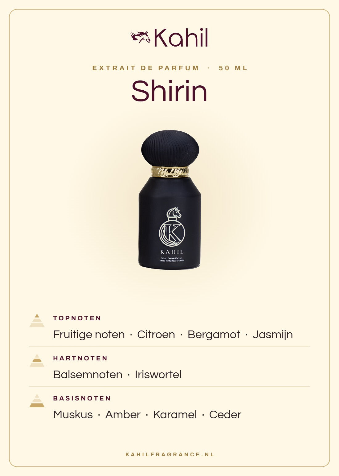 Fragrance notes of Kahil Shirin Extrait de Parfum 50 ml: top notes fruity notes, lemon, bergamot, jasmine; heart notes balsamic notes, orris; base notes musk, amber, caramel, cedar