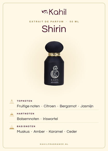 Fragrance notes of Kahil Shirin Extrait de Parfum 50 ml: top notes fruity notes, lemon, bergamot, jasmine; heart notes balsamic notes, orris; base notes musk, amber, caramel, cedar